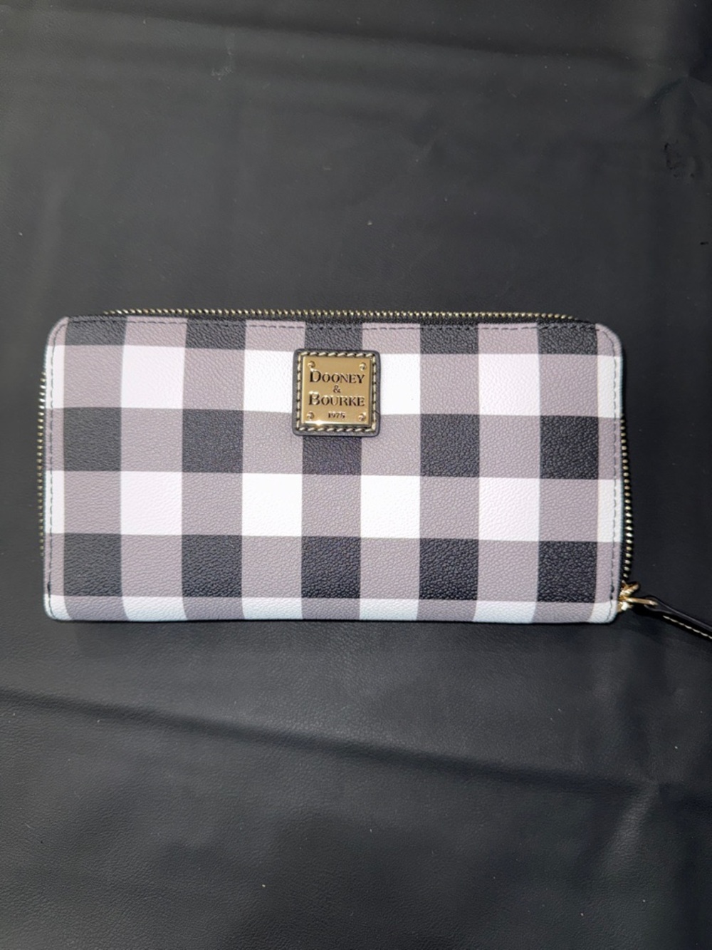 Dooney & Bourke Black and White Gingham Zip Wallet with Shoulder Strap